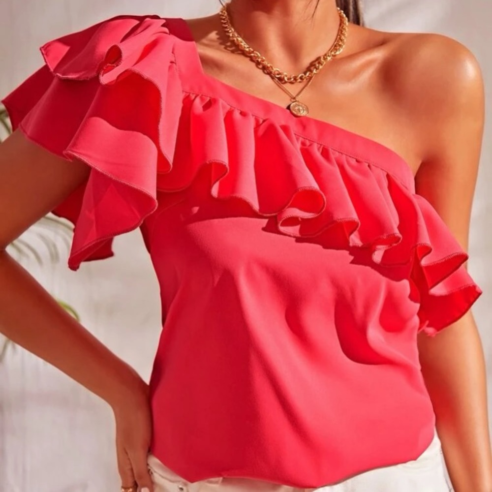 New, Lavishly Paris Women’s Absolutely Exquisite One Shoulder Ruffle Trim Blouse - Picture 4 of 15
